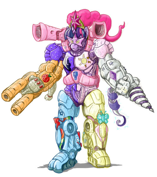 Size: 820x925 | Tagged: applejack, artist:sean mirrsen, artist:seanmirrsen, awesome, combination, derpibooru import, elements of harmony, fluttershy, mane six, mecha, megazord, pinkie pie, power rangers, princess celestia, princess luna, rainbow dash, rarity, safe, super sentai, this isn't even my final form, twilight sparkle