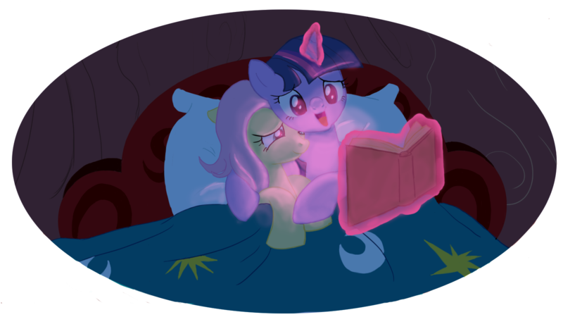 Size: 1600x900 | Tagged: safe, artist:iraecoal, derpibooru import, fluttershy, twilight sparkle, pegasus, pony, unicorn, bed, book, cute, dark, female, hug, lesbian, levitation, lidded eyes, magic, mare, open mouth, reading, shipping, shyabetes, smiling, telekinesis, twiabetes, twishy, unicorn twilight