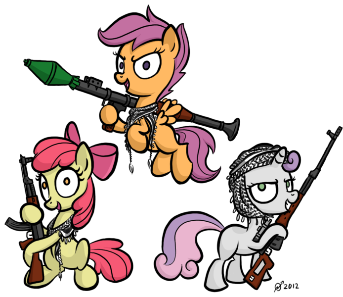 Size: 1024x885 | Tagged: ak-47, akm, apple bloom, artist:derkrazykraut, cutie mark crusaders, derpibooru import, dragunov, gun, islam, jihad, keffiyeh, religion, rifle, rpg, rpg-7, safe, scootaloo, scope, sniperskya vintovka dragunova, svd, sweetie belle, text, tourist