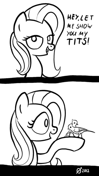 Size: 814x1438 | Tagged: safe, artist:derkrazykraut, derpibooru import, fluttershy, bird, pegasus, pony, tit (bird), titmouse, 2 panel comic, bait and switch, bedroom eyes, comic, female, looking at you, mare, monochrome, open mouth, pun, signature, smiling, solo