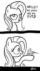 Size: 814x1438 | Tagged: safe, artist:derkrazykraut, derpibooru import, fluttershy, bird, pegasus, pony, tit (bird), titmouse, 2 panel comic, bait and switch, bedroom eyes, comic, female, looking at you, mare, monochrome, open mouth, pun, signature, smiling, solo