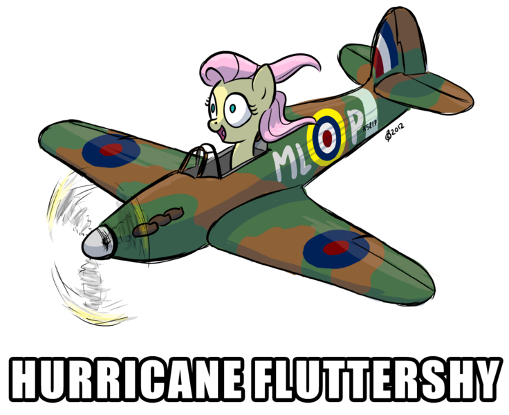 Size: 1333x1086 | Tagged: aircraft, artist:derkrazykraut, derpibooru import, fighter, fluttershy, happy, hawker hurricane, hurricane fluttershy, plane, pun, safe, world war ii