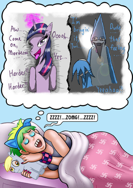 Size: 752x1063 | Tagged: artist:curtsibling, artist:dsakanumbah419, breasts, derpibooru import, edit, mordecai, oc, oc:pegaslut, regular show, suggestive, twilight sparkle