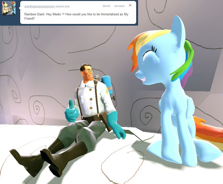 Size: 930x768 | Tagged: safe, artist:asktheblumedic, derpibooru import, rainbow dash, human, pony, gmod, medic, team fortress 2