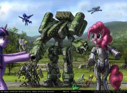 Size: 1600x1169 | Tagged: artillery, artist:foxi-5, derpibooru import, giant robot, gummy, mecha, pinkie pie, princess luna, safe, twilight sparkle