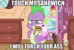 Size: 724x488 | Tagged: apron, clothes, derpibooru import, dragon quest, hub logo, image macro, naked apron, roflbot, safe, sandwich, spike