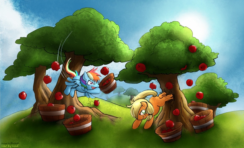 Size: 2310x1408 | Tagged: apple, applebucking, applejack, artist:bunnish, artist:conicer, derpibooru import, g4, hatless, missing accessory, rainbow dash, safe, tree, younger