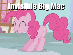 Size: 500x380 | Tagged: suggestive, derpibooru import, edit, edited screencap, screencap, pinkie pie, earth pony, pony, animated, caption, dancing, eyes closed, female, grin, image macro, implied big macintosh, implied sex, invisible stallion, male, mare, meme, open mouth, out of context, pinkiemac, shipping, smiling, solo, straight, text
