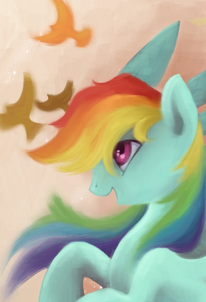 Size: 1620x2364 | Tagged: dead source, safe, artist:snufflin, derpibooru import, rainbow dash, bird, happy, smiling, solo