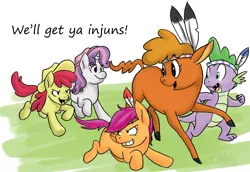 Size: 1190x821 | Tagged: dead source, safe, artist:cartoonlion, derpibooru import, apple bloom, little strongheart, scootaloo, spike, sweetie belle, buffalo, dragon, pegasus, pony, unicorn, cowboy, cowboy hat, feather, hat, indian, playing, racial slur, racism, squawtaloo, that's racist