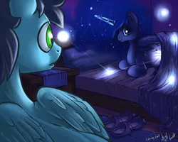 Size: 2000x1600 | Tagged: artist:atryl, artist:edef, bed, bedroom, clothes, dark, derpibooru import, edit, female, magic, male, missing accessory, :o, open mouth, princess luna, prone, safe, shipping, slippers, smiling, soarin', soaruna, spread wings, straight, wide eyes