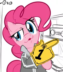 Size: 334x377 | Tagged: american psycho, artist:0r0ch1, derpibooru import, dubs, dubs guy, foam finger, get, image macro, index get, meme, patrick bateman, pinkie pie, ponified, ponk, raincoat, safe, simple background, solo, white background