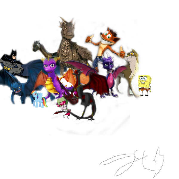 Size: 2000x2000 | Tagged: safe, derpibooru import, rainbow dash, balto, batman, crash bandicoot, crossover, cynder, draco, dragonheart, high res, how to train your dragon, image, invader zim, jpeg, saphira, spongebob squarepants, spongebob squarepants (character), spyro the dragon, toothless the dragon