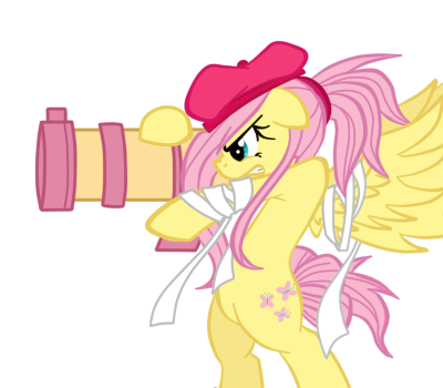 Size: 400x350 | Tagged: safe, artist:oathkeeper21, derpibooru import, fluttershy, pony, alternate hairstyle, badass, beret, bipedal, cannon, flutterbadass, hat, ponytail, rocket launcher, solo, weapon