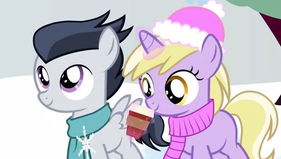Size: 561x319 | Tagged: safe, artist:sillyfillystudios, derpibooru import, screencap, dinky hooves, rumble, pegasus, pony, unicorn, clothes, colt, cup, female, hat, hot chocolate, male, rumbledink, scarf, snow, snowfall, snowflake, tuque