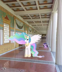 Size: 1727x1995 | Tagged: safe, derpibooru import, princess celestia, twilight sparkle, pony, cute, filly, getty villa, hall, hallway, irl, photo, ponies in real life, vector