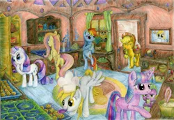 Size: 2001x1380 | Tagged: safe, artist:holyandrew, derpibooru import, applejack, derpy hooves, dinky hooves, fluttershy, pinkie pie, rainbow dash, rarity, spike, twilight sparkle, pegasus, pony, female, interior, mane seven, mare