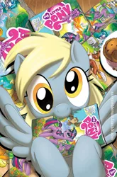 Size: 700x1061 | Tagged: safe, artist:amy mebberson, artist:andypriceart, derpibooru import, idw, official, applejack, derpy hooves, owlowiscious, princess celestia, spike, twilight sparkle, vinyl scratch, winona, pegasus, pony, comic, comic book, cover, female, idw advertisement, mare, muffin, official comic, the hoof beats