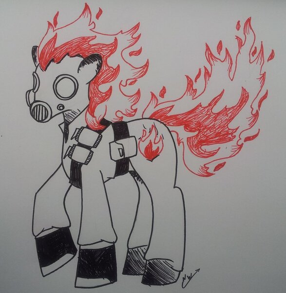 Size: 900x920 | Tagged: artist:lonly-chibi-dragon, derpibooru import, dichromatic, fire, ponified, pyro, safe, solo, team fortress 2, traditional art