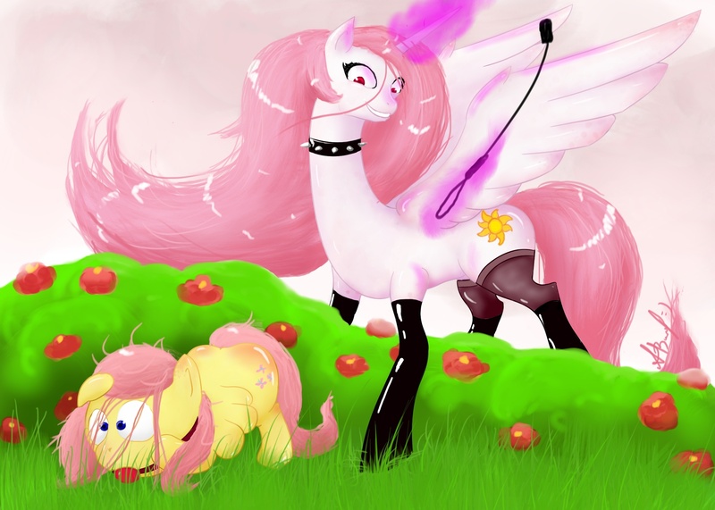 Size: 2362x1685 | Tagged: artist:cerebruses, ballgag, bdsm, butt blush, clothes, collar, derpibooru import, fluttershy, gag, grin, latex, princess celestia, princess molestia, rapeface, riding crop, scared, stockings, suggestive