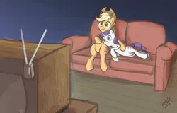 Size: 900x575 | Tagged: safe, artist:waywardtrail, artist:zestyoranges, derpibooru import, applejack, rarity, couch, female, lesbian, rarijack, shipping, television