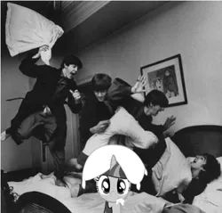 Size: 400x382 | Tagged: artist:deistar, derpibooru import, george harrison, human, irl, john lennon, paul mccartney, photo, pillow, pillow fight, pillow hat, ringo starr, safe, the beatles, twilight sparkle