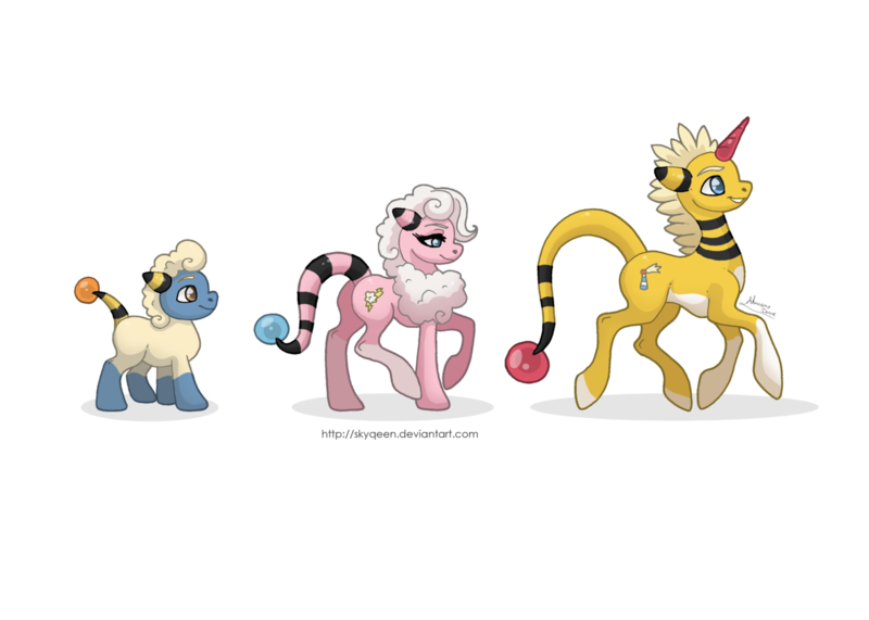 Size: 1280x914 | Tagged: safe, artist:almairis, derpibooru import, ampharos, flaaffy, flaffy, mareep, colored horn, colt, crossover, evolution chart, family, female, foal, male, mare, pokémon, ponymon, simple background, socks (coat marking), stallion, transparent background, trio