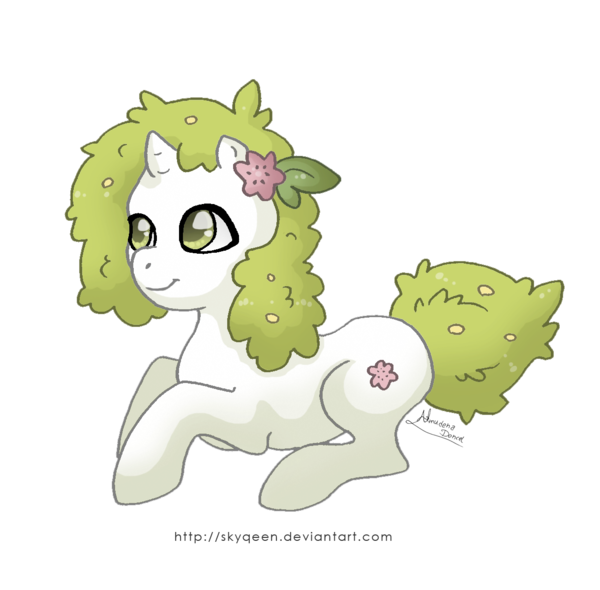 Size: 600x590 | Tagged: safe, artist:almairis, derpibooru import, ponified, plant pony, pony, shaymin, crossover, flower, flower in hair, genderless, land forme, pokémon, ponymon, prone, simple background, solo, transparent background