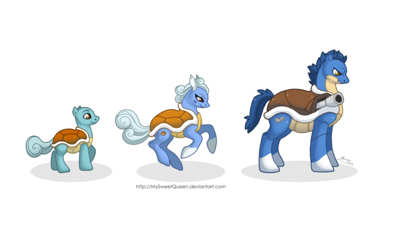 Size: 1280x789 | Tagged: safe, artist:almairis, derpibooru import, blastoise, squirtle, wartortle, crossover, evolution chart, family, female, foal, male, mare, pokémon, ponymon, shell, simple background, socks (coat marking), stallion, transparent background, trio