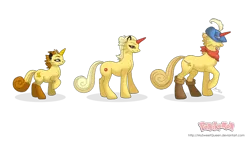 Size: 1280x746 | Tagged: safe, artist:almairis, derpibooru import, meowth, persian, unicorn, boots, colored horn, crossover, evolution chart, family, female, filly, foal, hat, male, mare, neckerchief, pokémon, ponymon, simple background, stallion, transparent background