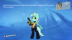 Size: 3000x1680 | Tagged: safe, artist:boumce, derpibooru import, lyra heartstrings, rarity, ponified, pony, bipedal, borderlands, borderlands 2, butt human, butt stallion, crossover, gun, handsome jack, weapon