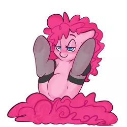 Size: 1000x1000 | Tagged: artist:mt, clothes, derpibooru import, featureless crotch, female, legs in air, pinkie pie, presenting, solo, solo female, stockings, suggestive