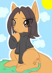 Size: 500x700 | Tagged: safe, artist:moneychan, derpibooru import, oc, oc:cinnamon sprinkles, unofficial characters only, earth pony, pony, black shirt, blushing, brown eyes, brown hair, clothes, cloud, cloudy, cute, eye clipping through hair, female, grass, grass field, hoof under chin, mare, no mouth, outdoors, plant, scenery, shirt, sitting, sky, solo, sun