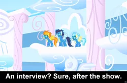 Size: 1024x672 | Tagged: caption, comic:celestia's servant interview, derpibooru import, interview, meta, misty fly, safe, soarin', spitfire, wonderbolts, wonderbolts uniform