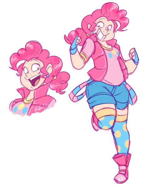 Size: 637x840 | Tagged: artist:bechnokid, cartoony, derpibooru import, humanized, pinkie pie, plump, safe, suspenders