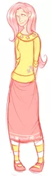 Size: 268x912 | Tagged: artist:bechnokid, breasts, clothes, delicious flat chest, derpibooru import, female, flattershy, fluttershy, human, humanized, long skirt, safe, shoes, simple background, skinny, skirt, smiling, solo, sweater, sweatershy, white background