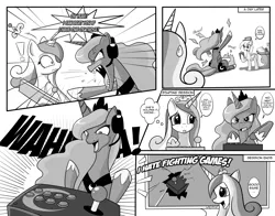 Size: 4200x3300 | Tagged: safe, artist:angriestangryartist, derpibooru import, derpy hooves, princess cadance, princess luna, pegasus, pony, gamer luna, angry, arcade stick, comic, female, gamer cadance, mare, monochrome, salty, wahaha