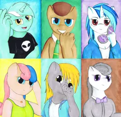 Size: 900x869 | Tagged: dead source, safe, artist:avak42, derpibooru import, bon bon, derpy hooves, doctor whooves, lyra heartstrings, octavia melody, sweetie drops, time turner, vinyl scratch, anthro, earth pony, pegasus, unicorn, background six, hand, sunglasses