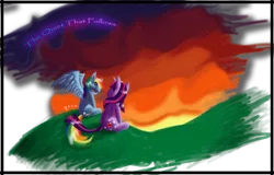 Size: 900x576 | Tagged: safe, artist:lunafyre, derpibooru import, rainbow dash, twilight sparkle, female, lesbian, shipping, sunset, twidash