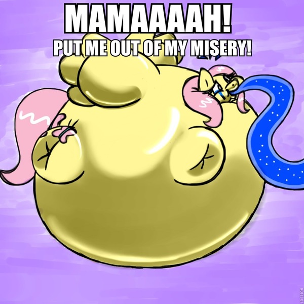 Size: 960x960 | Tagged: suggestive, artist:kbryme, derpibooru import, edit, fluttershy, nightmare moon, pegasus, pony, balloon, caption, crying, flutterblimp, image macro, imminent popping, inflation, near bursting