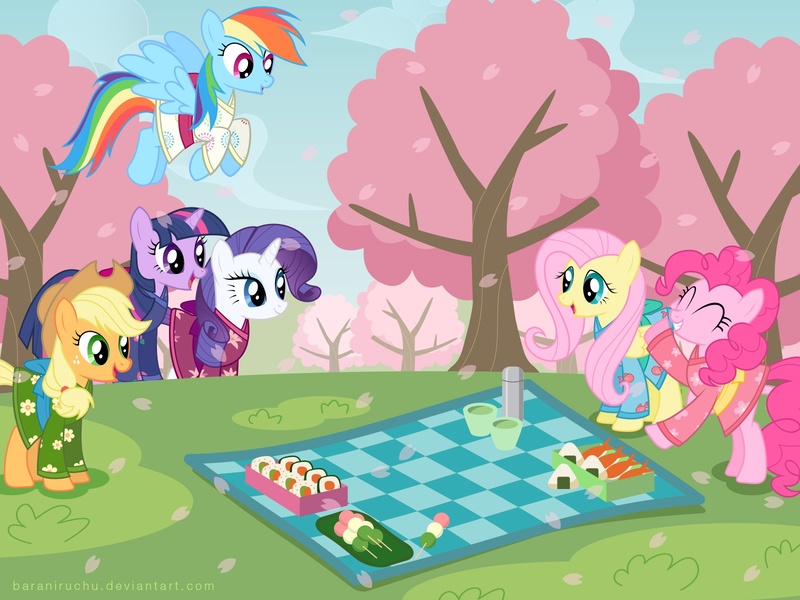 Size: 1600x1200 | Tagged: applejack, artist:baraniruchu, cherry blossoms, derpibooru import, fluttershy, food, japanese, kimono (clothing), pinkie pie, ponies eating meat, ponies eating seafood, rainbow dash, rarity, safe, seafood, sushi, twilight sparkle, vector, yukata