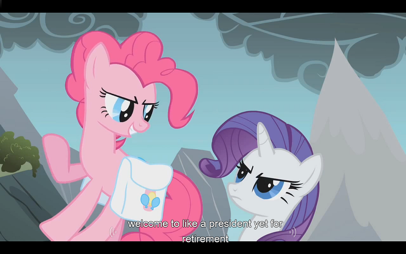 Size: 1024x640 | Tagged: safe, derpibooru import, screencap, pinkie pie, rarity, dragonshy, youtube caption