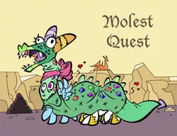 Size: 1038x797 | Tagged: artist:toonbat, derpibooru import, dragon costume, dragon quest, female, females only, molestation, princess celestia, princess molestia, rainbow dash, rarity, scene parody, suggestive, twilight sparkle