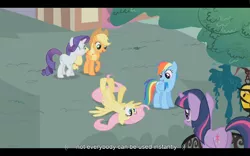 Size: 1024x640 | Tagged: applejack, derpibooru import, dragonshy, fluttershy, rainbow dash, rarity, safe, screencap, twilight sparkle, youtube caption