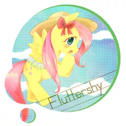 Size: 1500x1500 | Tagged: safe, artist:ino, derpibooru import, fluttershy, pegasus, pony, bow, flying, hair bow, hat, pixiv, straw hat, sun hat