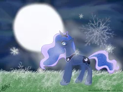 Size: 1000x750 | Tagged: artist:masterpie7, derpibooru import, moon, princess luna, safe, snow, snowfall, snowflake, solo