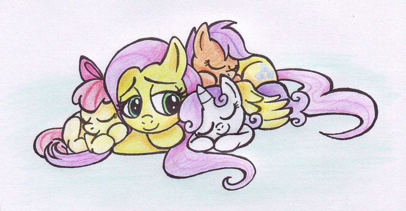 Size: 1792x931 | Tagged: safe, artist:ssstawa, derpibooru import, apple bloom, fluttershy, scootaloo, sweetie belle, cuddling, cute, cutie mark crusaders, image, jpeg, orange skin, sleeping, snuggling, white skin, yellow skin