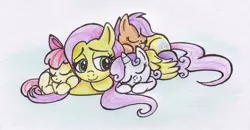 Size: 1792x931 | Tagged: safe, artist:ssstawa, derpibooru import, apple bloom, fluttershy, scootaloo, sweetie belle, cuddling, cute, cutie mark crusaders, image, jpeg, orange skin, sleeping, snuggling, white skin, yellow skin