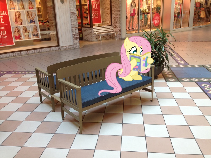 Size: 3264x2448 | Tagged: safe, artist:serindo, derpibooru import, fluttershy, pony, bench, bra, clothes, high res, irl, mall, photo, ponies in real life, reading, store, underwear, vector