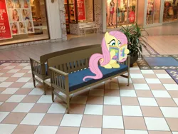 Size: 3264x2448 | Tagged: safe, artist:serindo, derpibooru import, fluttershy, pony, bench, bra, clothes, high res, irl, mall, photo, ponies in real life, reading, store, underwear, vector